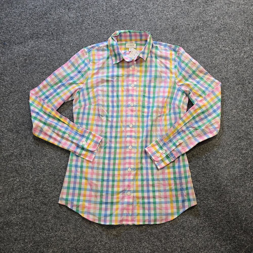 J Crew Top Women Size XXS Pink Blue Plaid Button Up Long Sleeve Casual Career